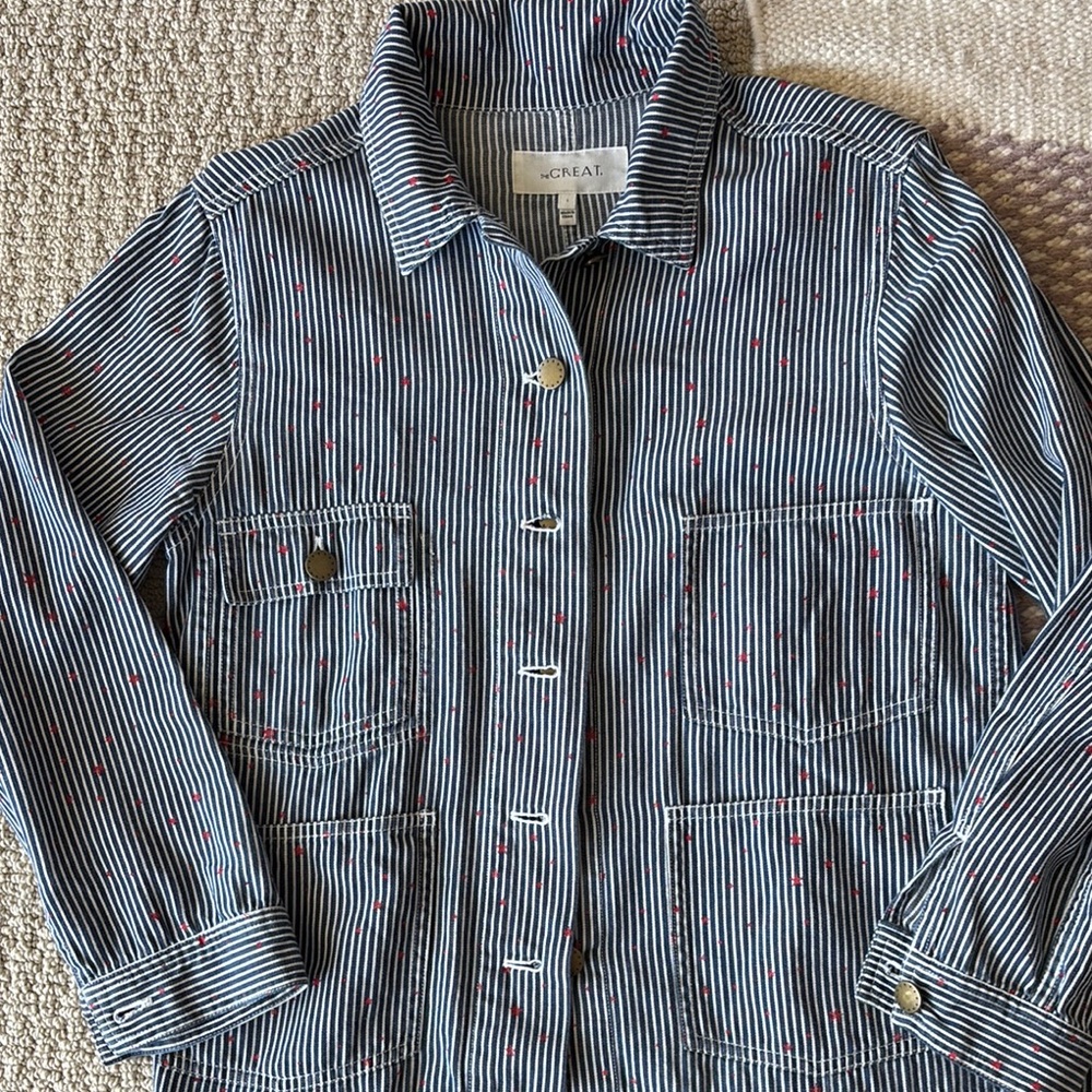 The Great Women's Railroad Stripe Jacket - Navy Blue and White with Red Stars